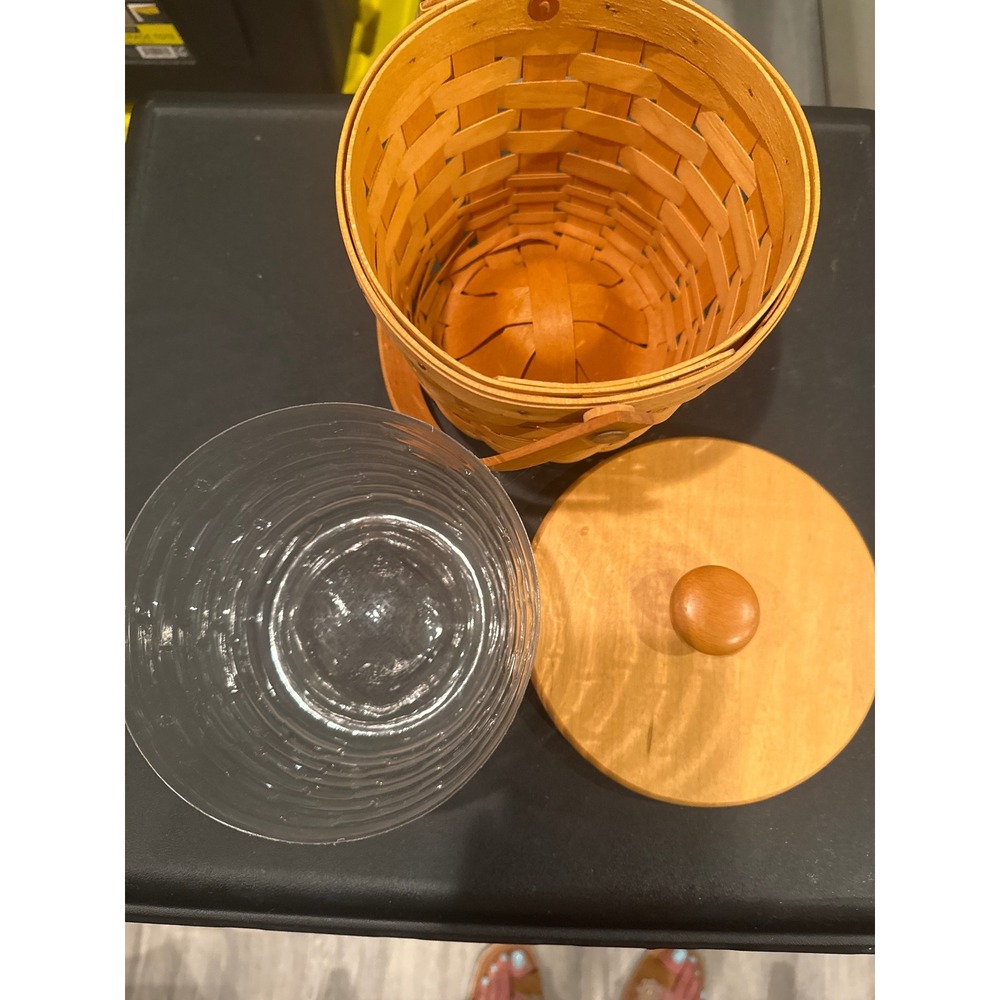 Longaberger 7-Inch Small Round Basket Woodcrafts Lid Plastic Liner 1999 Signed